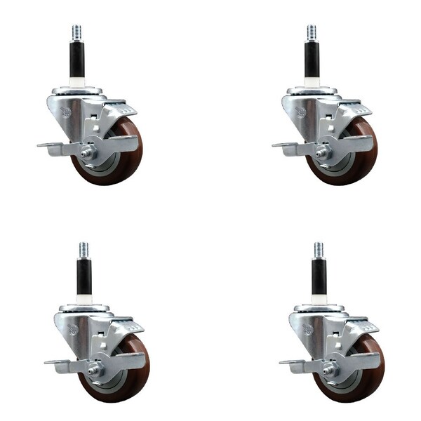 Service Caster 3'' SS Maroon Poly Swivel 3/4'' Expanding Stem Caster Set with Brake, 4PK SCC-SSEX20S314-PPUB-MRN-TLB-34-4 - main